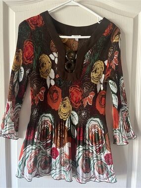 NICOLA Floral V-Neck Pleated Peasant Blouse in Brown, Red, Yellow, Green